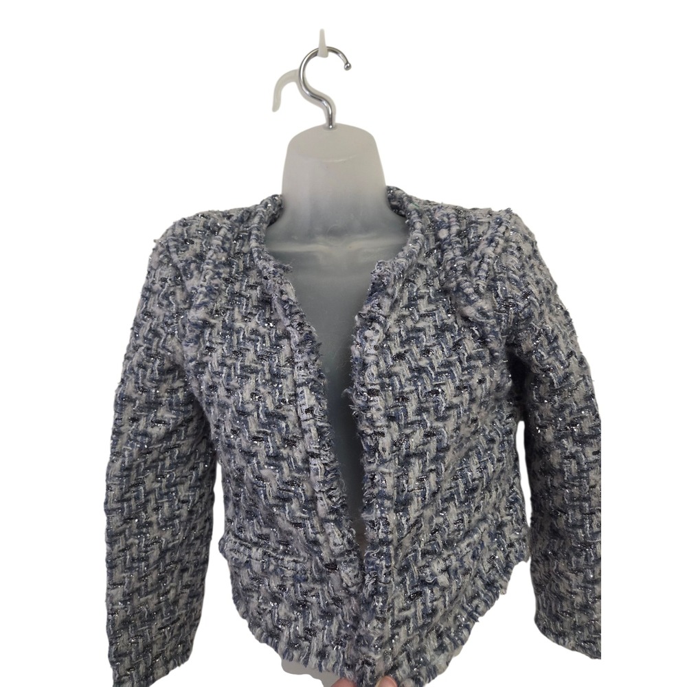 IRO Paris Blue Boucle Tweed Cropped Jacket Metallic Fringe Open Front Size 38 S